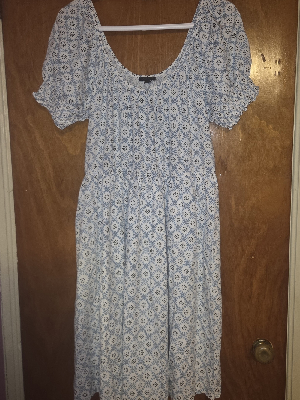 Ann Taylor Loft Blue White Geo Floral Puff Sleeve Babydoll Dress Size M